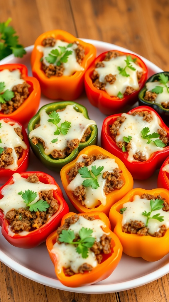 Stuffed mini bell peppers filled with ground beef and cheese, garnished with parsley on a wooden table.